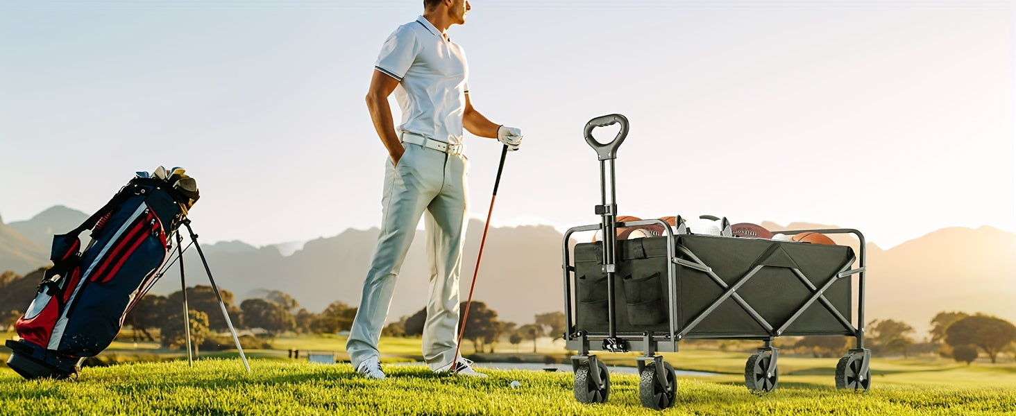 Collapsible Folding Wagon Cart, Track and Field Equipment Transporter Large Capacity Camping Wagon, All-Terrain Foldable Pet Stroller, Heavy-Duty Utility Wagon Cart for Grocery, Outdoor, Beach, Gardening, Shopping, Pet Outing