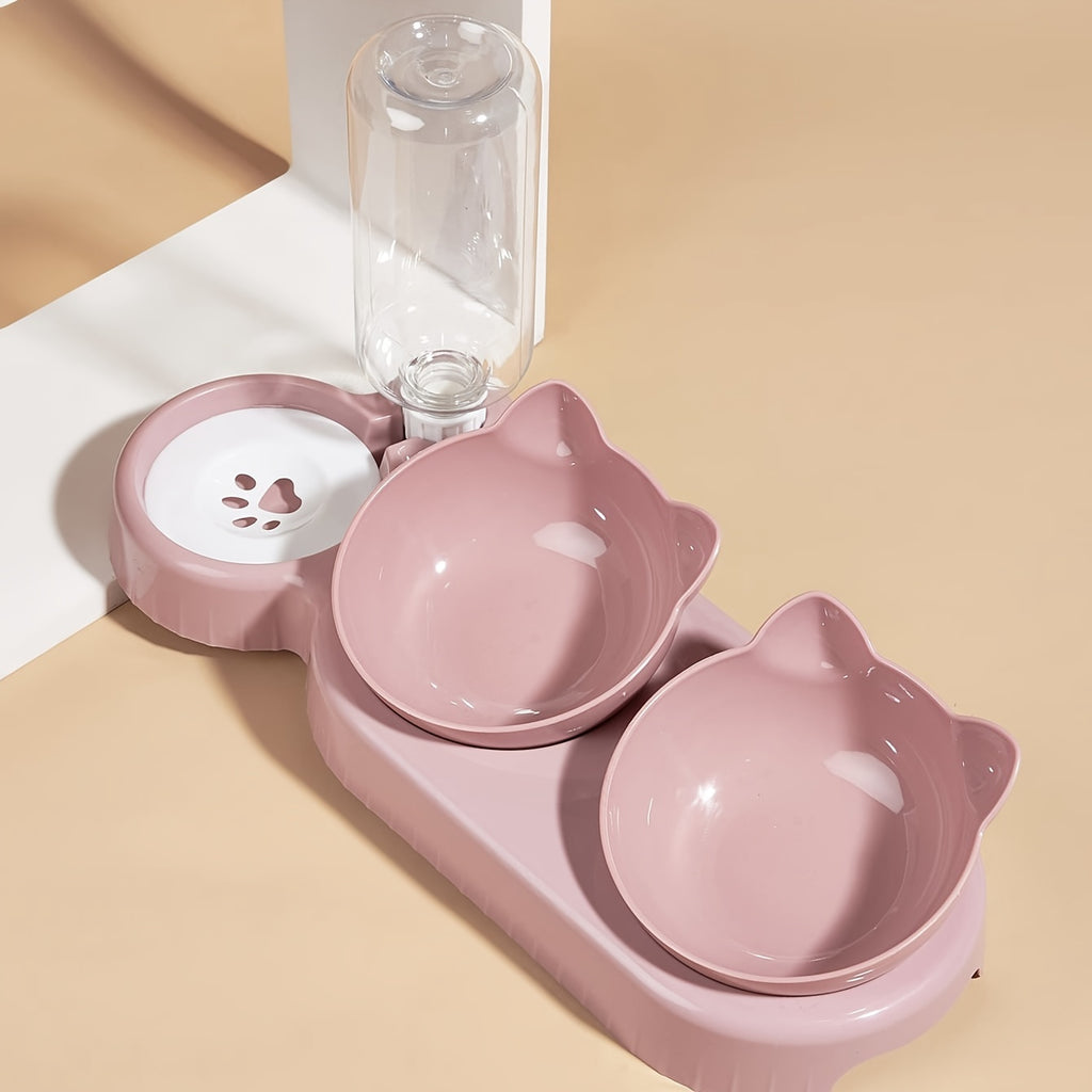 3 In 1 Tilted Cat Water And Food Bowl Set - Pet Bowls With Water Feeder, Gravity Water Bottle For Neck Protection, Ear Design