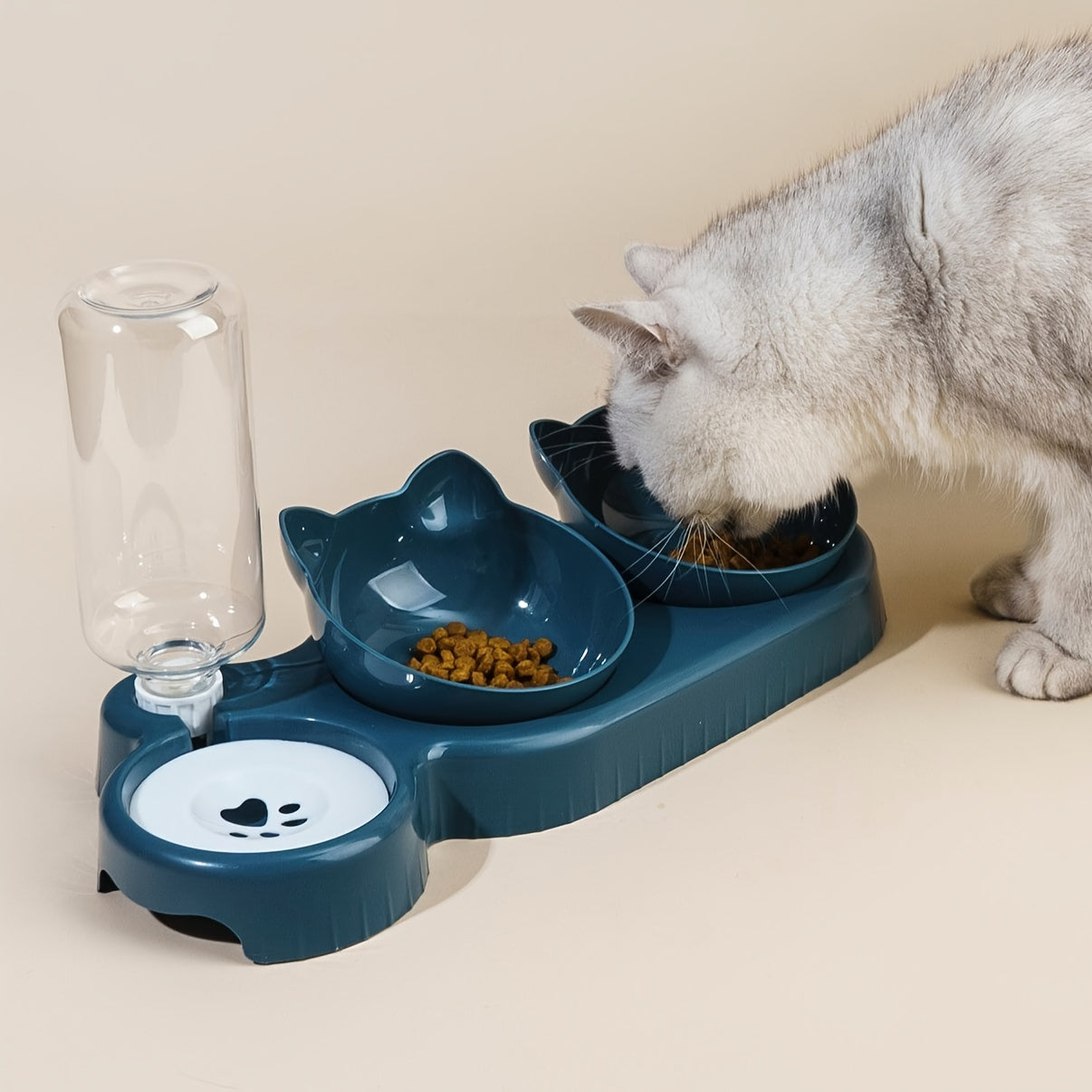 3 In 1 Tilted Cat Water And Food Bowl Set - Pet Bowls With Water Feeder, Gravity Water Bottle For Neck Protection, Ear Design