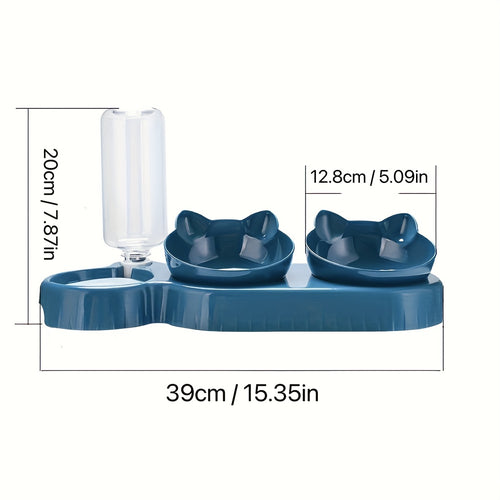 3 In 1 Tilted Cat Water And Food Bowl Set - Pet Bowls With Water Feeder, Gravity Water Bottle For Neck Protection, Ear Design