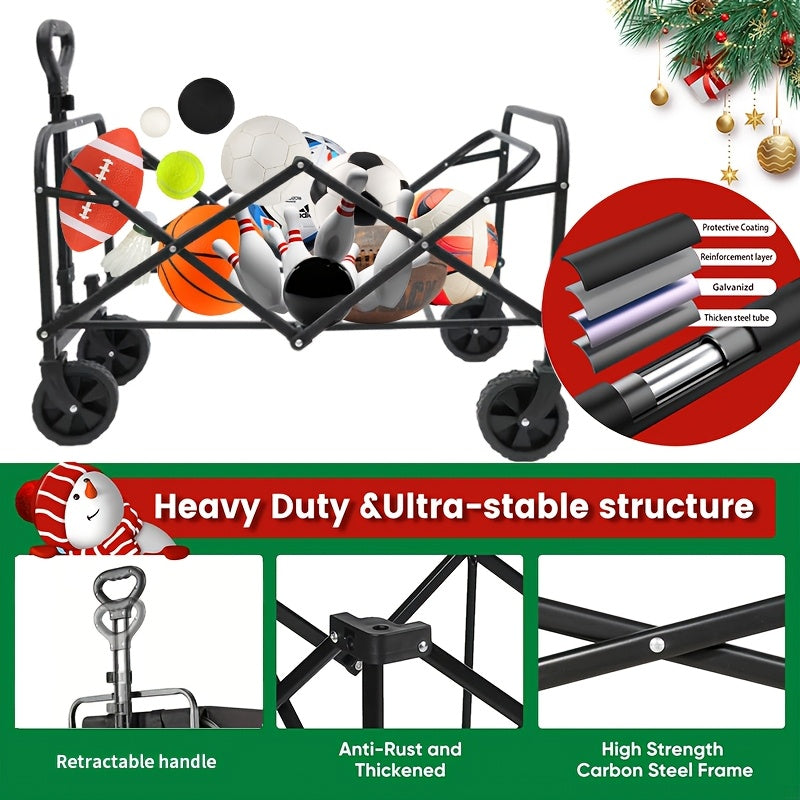 Collapsible Folding Wagon Cart, Track and Field Equipment Transporter Large Capacity Camping Wagon, All-Terrain Foldable Pet Stroller, Heavy-Duty Utility Wagon Cart for Grocery, Outdoor, Beach, Gardening, Shopping, Pet Outing
