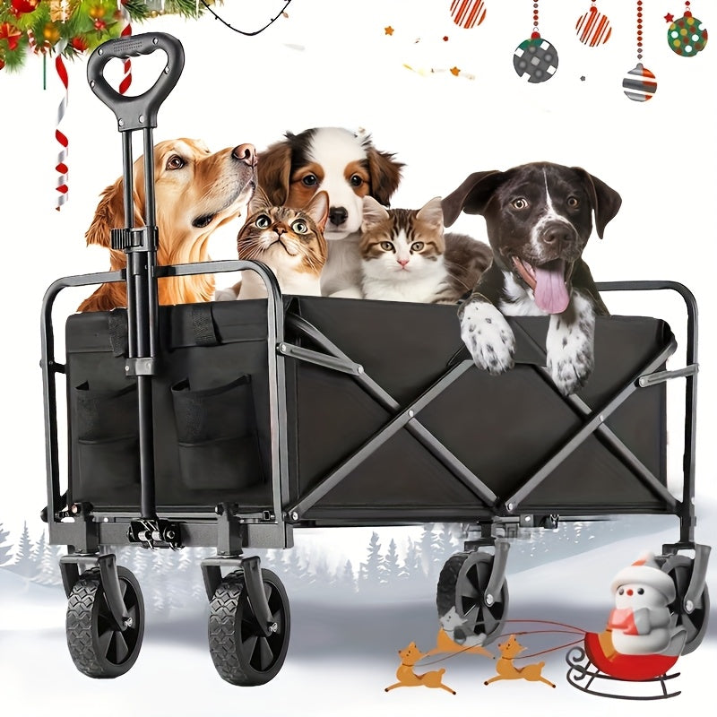 Collapsible Folding Wagon Cart, Track and Field Equipment Transporter Large Capacity Camping Wagon, All-Terrain Foldable Pet Stroller, Heavy-Duty Utility Wagon Cart for Grocery, Outdoor, Beach, Gardening, Shopping, Pet Outing