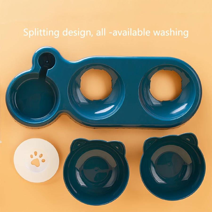 3 In 1 Tilted Cat Water And Food Bowl Set - Pet Bowls With Water Feeder, Gravity Water Bottle For Neck Protection, Ear Design