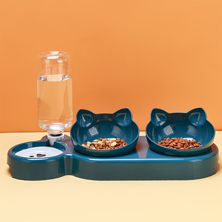 3 In 1 Tilted Cat Water And Food Bowl Set - Pet Bowls With Water Feeder, Gravity Water Bottle For Neck Protection, Ear Design