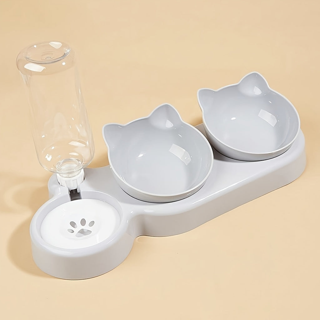 3 In 1 Tilted Cat Water And Food Bowl Set - Pet Bowls With Water Feeder, Gravity Water Bottle For Neck Protection, Ear Design
